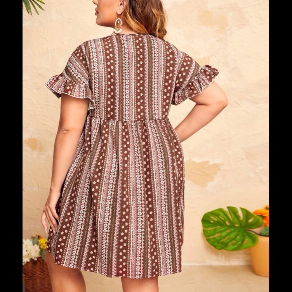Boho Plus Size Floral Stripe Ruffle Sleeve Mini Dress - Picture 6 of 11